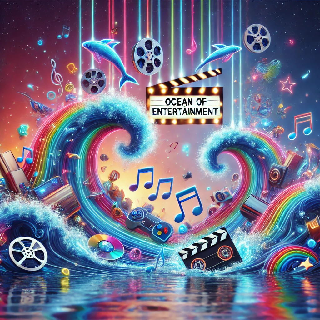 DALL·E 2025 02 21 22.27.50 A vibrant and surreal ocean filled with entertainment themed elements. The waves are made of colorful neon light streaks with floating movie reels m